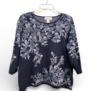 Alfred Dunner Navy Floral Knit Sweater Women’s 1X 3/4 Sleeves Metallic